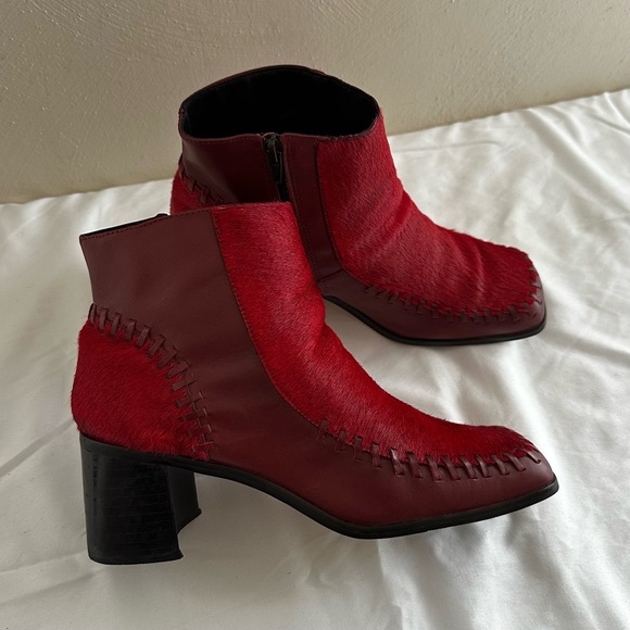 Vintage Shoes - Vintage 90s Bolivia Boots Leather Fur Patchwork Burgundy Red Western Goth